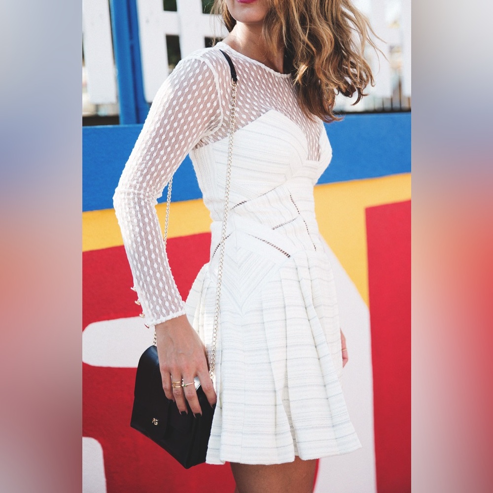 Self-Portrait Ivory Long Sleeve Mesh Dress - Picture 1 of 7
